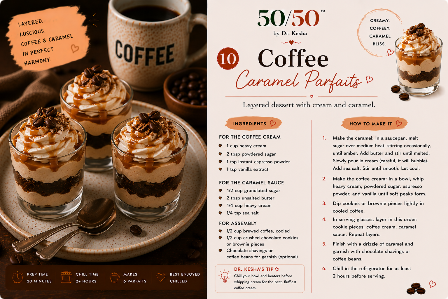 Coffee Caramel Parfaits layered with coffee cream, caramel sauce, and cookie pieces in glasses