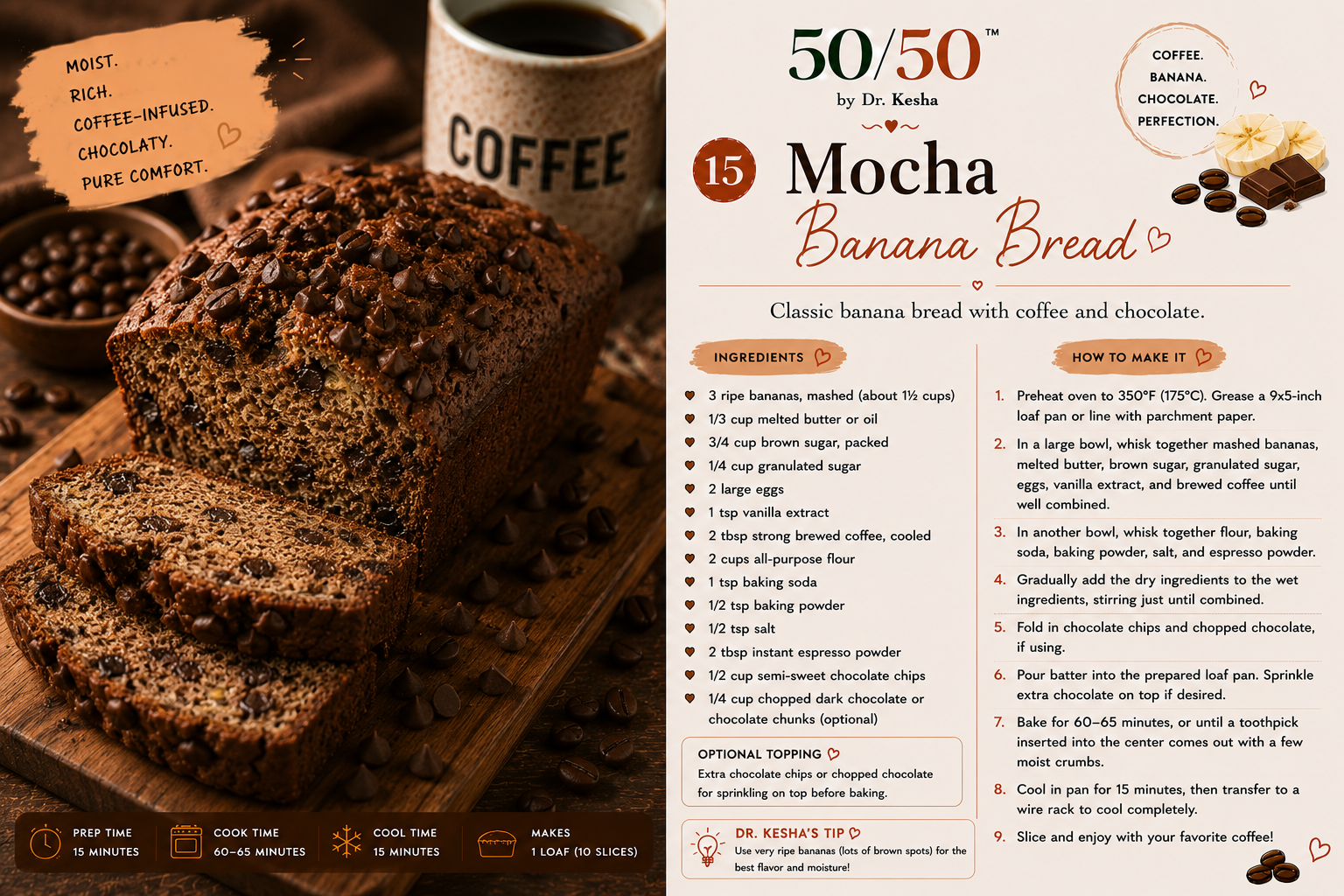 Mocha Banana Bread loaf sliced with chocolate chips on top