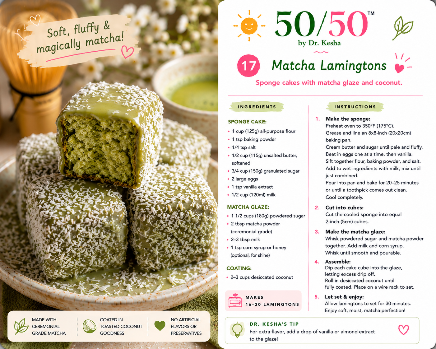 Matcha Lamingtons by 50/50 by Dr. Kesha