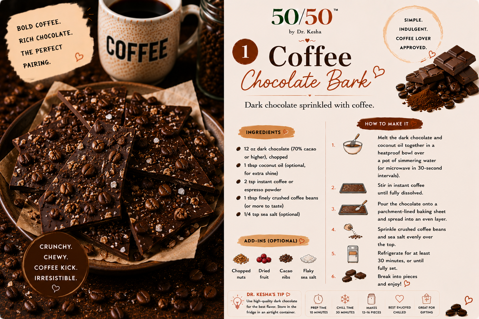 Coffee Chocolate Bark broken into pieces with crushed coffee beans and sea salt on top