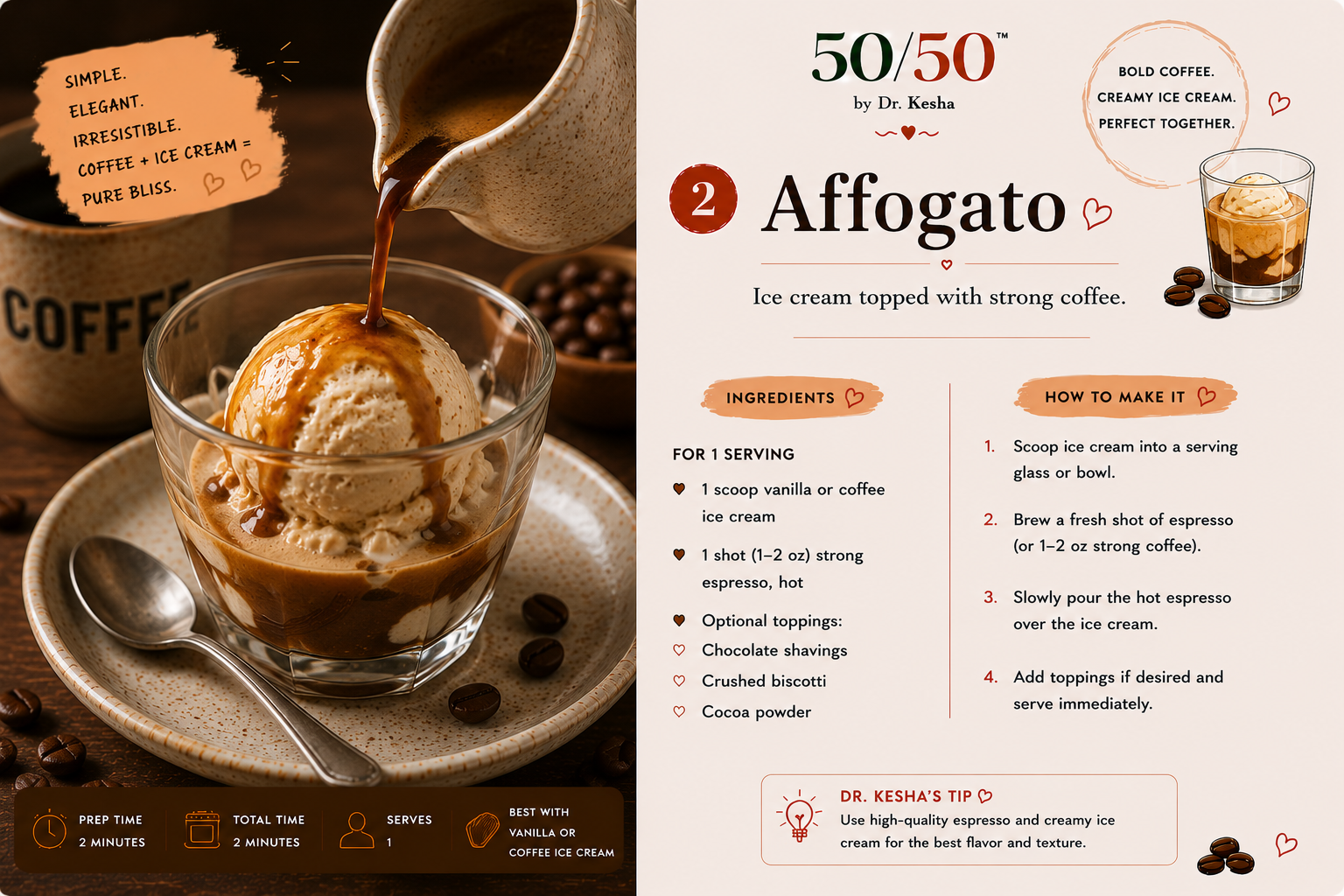 Coffee Affogato with hot espresso poured over vanilla ice cream in a glass