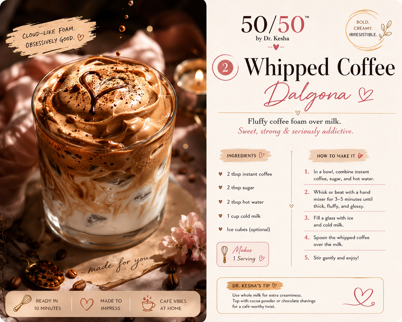 Dalgona Coffee with whipped coffee foam over cold milk and ice
