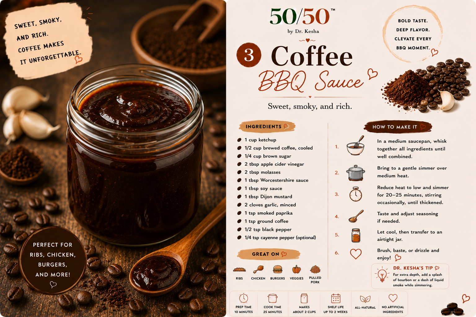 Coffee BBQ Sauce in a glass jar with a wooden spoon and coffee beans around it