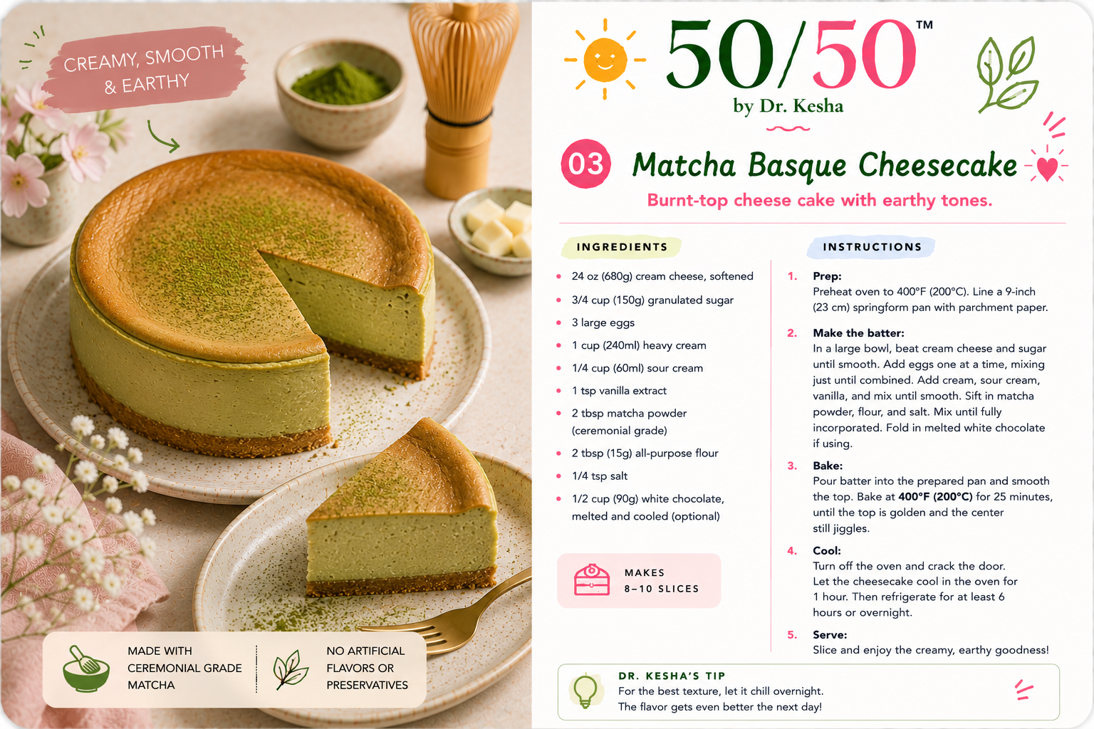 Matcha Basque Cheesecake by 50/50 by Dr. Kesha