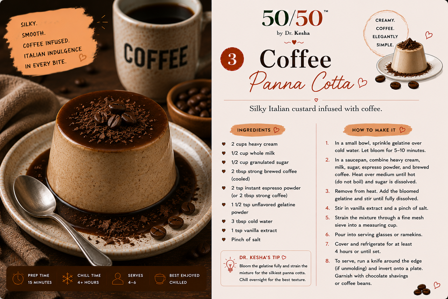 Coffee Panna Cotta unmolded on a plate with coffee caramel sauce drizzled on top