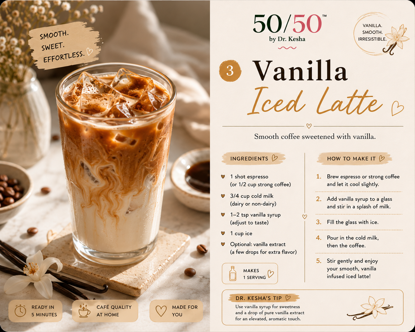 Vanilla Iced Latte smooth and creamy in a glass with ice