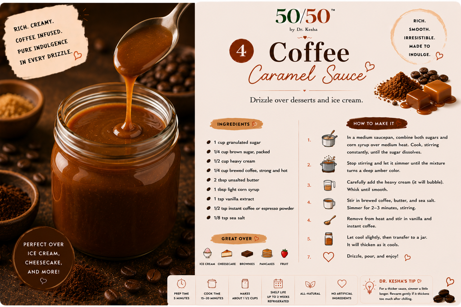 Coffee Caramel Sauce drizzling from a spoon into a glass jar