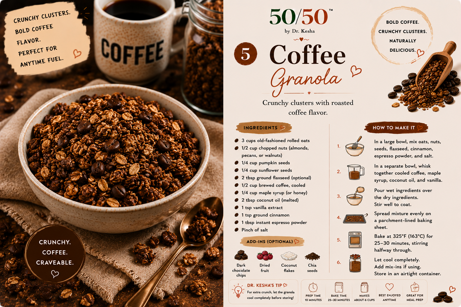 Coffee Granola with crunchy clusters in a bowl