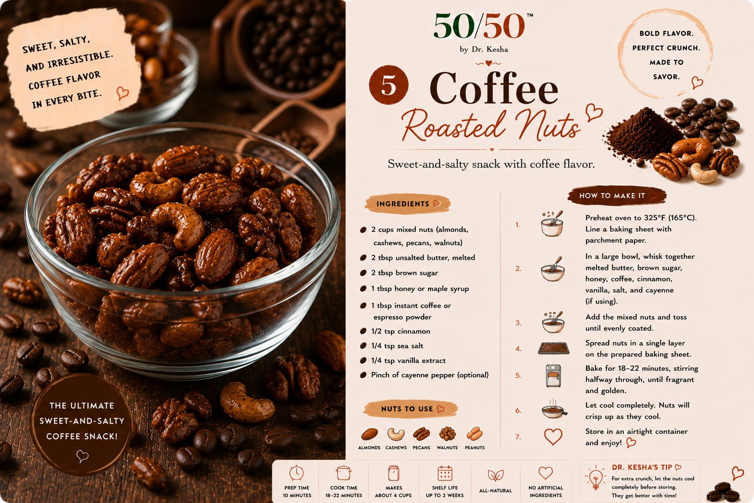Coffee Roasted Nuts in a glass bowl with almonds, cashews, pecans, and walnuts
