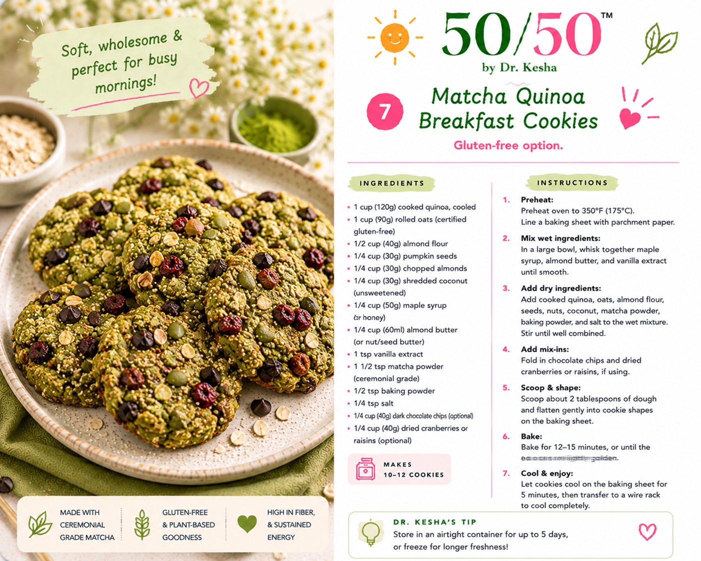 Matcha Quinoa Breakfast Cookies by 50/50 by Dr. Kesha